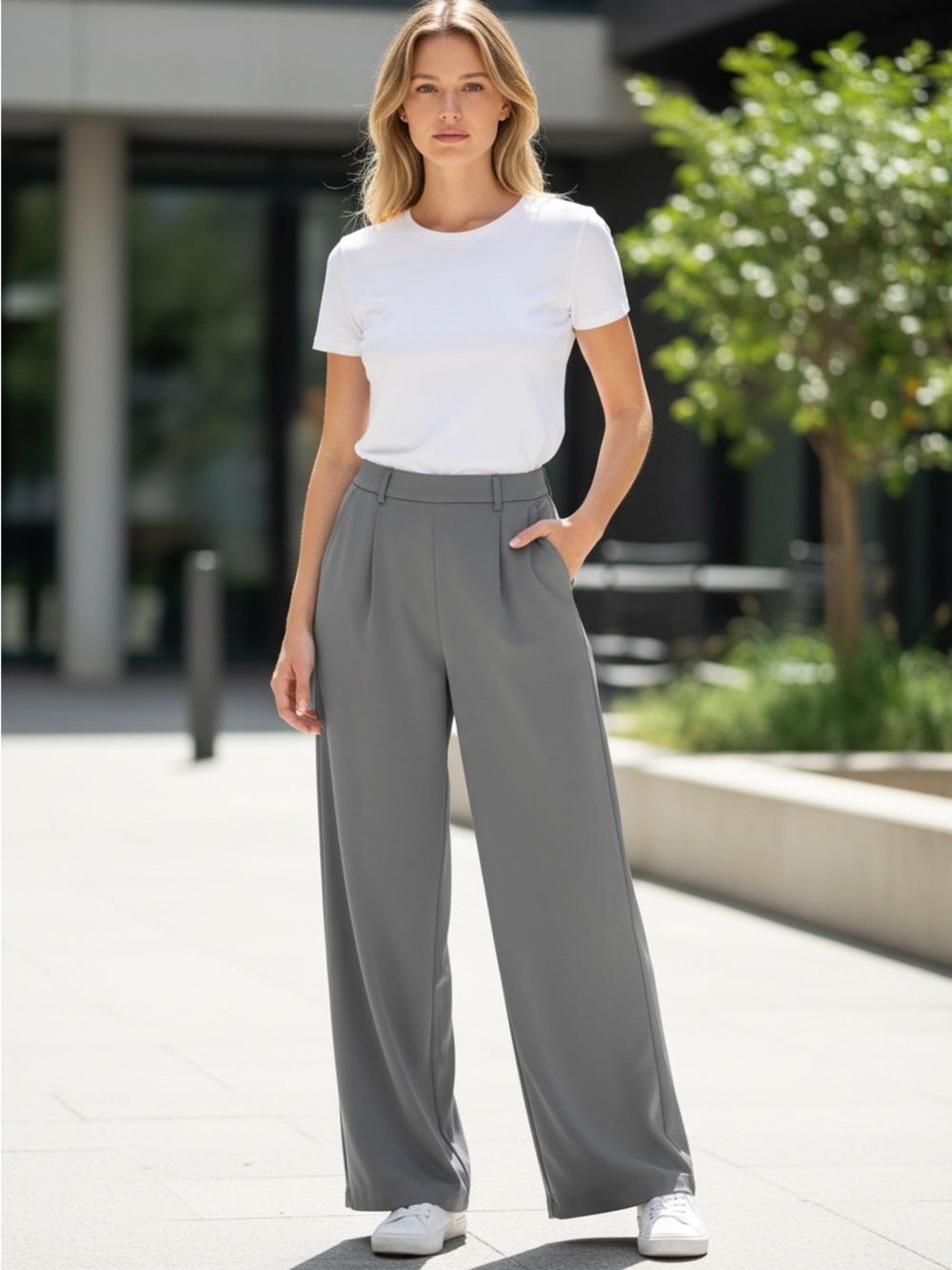 Halara Grey Wide Leg Pleated Trousers High Waisted Stretch Pants Medium Tall